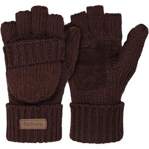 Women's Coffee Thermal Wool Winter Warm Fingerless Knitted Mittens Flap Gloves